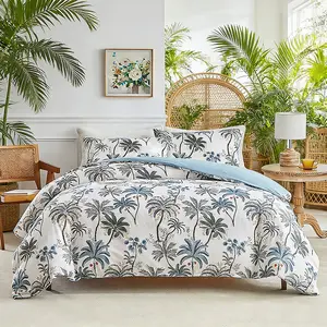 Soft and comfortable quilt set, 2/3 set (1 quilt cover + 1/2 pillowcase), blue plant quilt cover, casual resort style, exotic print bedding, suitable for all seasons, 9 sizes available for selection, bedroom bedding quilt set