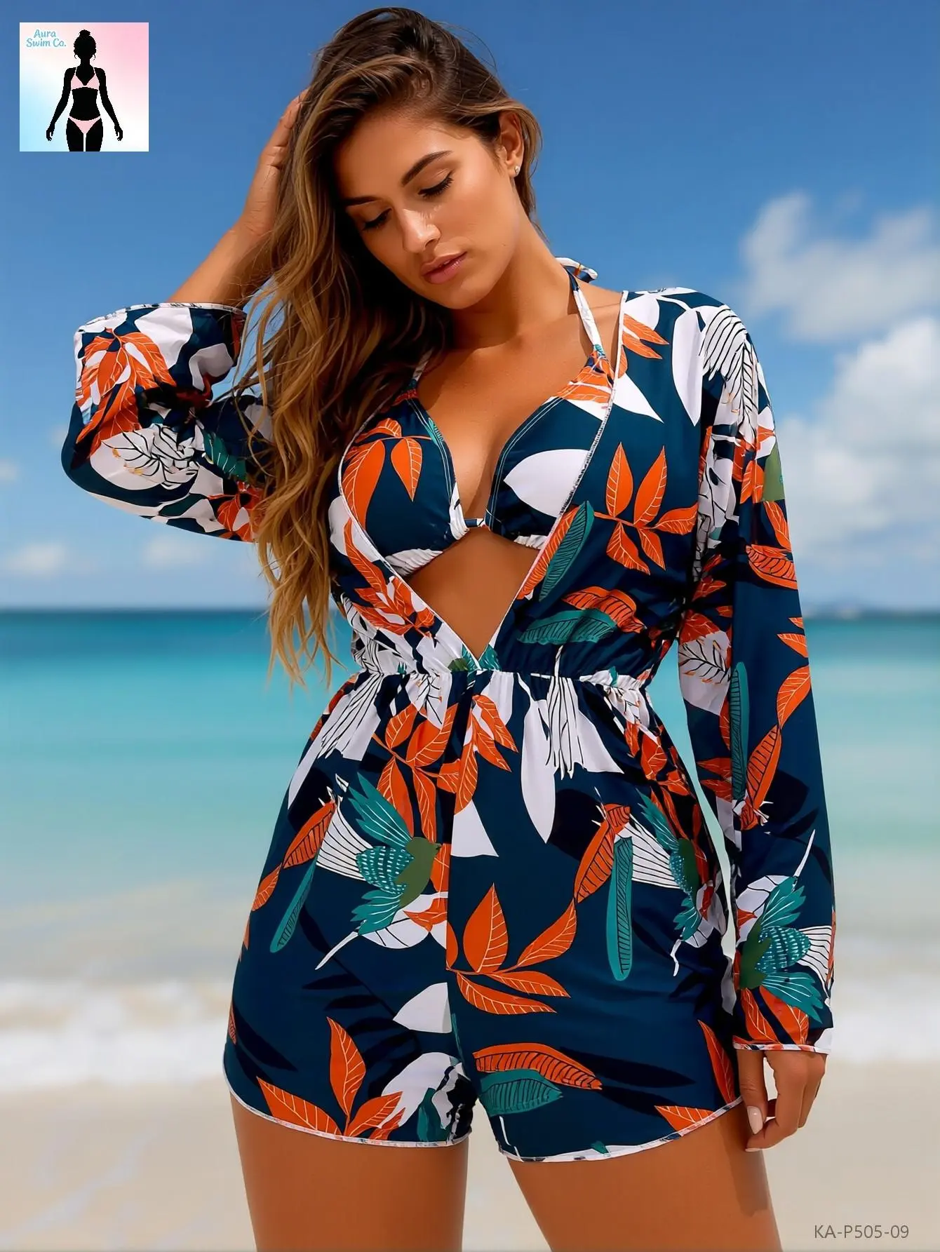 Aura Swim Women's 3-Piece Modest Bikini Sets - Hawaiian/Boho Floral Print, V-Neck Top with Removable Pads, High-Stretch Tummy Control Shorts, Long-Sleeve Cover Up, Drawstring Waist for Beach, Pool, Hawaiian Floral Print Women's One-Pieces