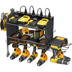 Modular Tool Organizer Wall Charging Station, Black 6 Drills Holder with 8 Plug Strip 10FT, Battery Duty Shelf, Rack with, Side.