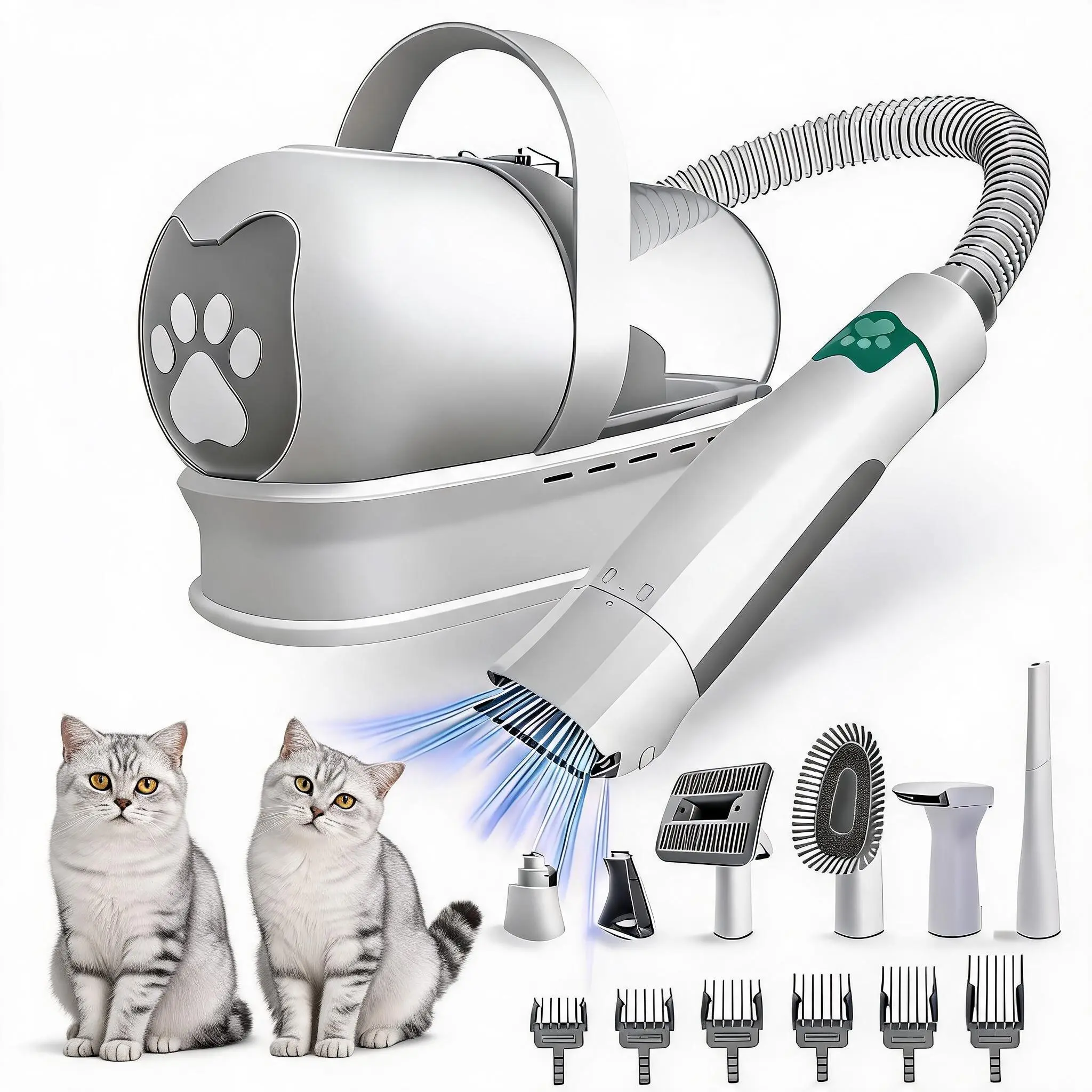 7-in-1 Low Noise Electric Pet Hair Shaver and Collection Vacuum System Heavy-Duty Pet Grooming Vacuum System with Multi-piece Hair Clipper, Claw Grinder & Paw Trimmer for Dogs & Cats - Anti-Shedding Tangle-Free Set