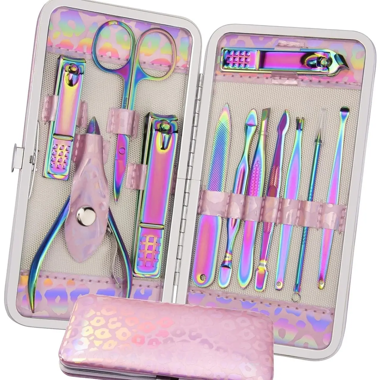 Manicure Set Nail Clippers Pedicure Kit - 12pcs Stainless Steel Nail Kit, Colorful Professional Nail Care Kit Nail Files & Scissors Tools for Hands Foot Facial - Pink
