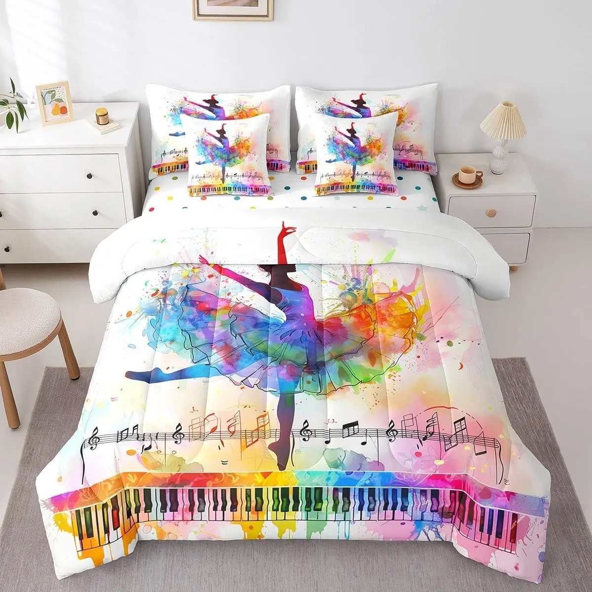 Kids Ballet Dancer 7 Pieces Bedding Set,Rainbow Music Notes Comforter Set with Sheets Dreamy Princess Bed in A Bag Ballerina Bed Set Bedroom Decor 7Pcs