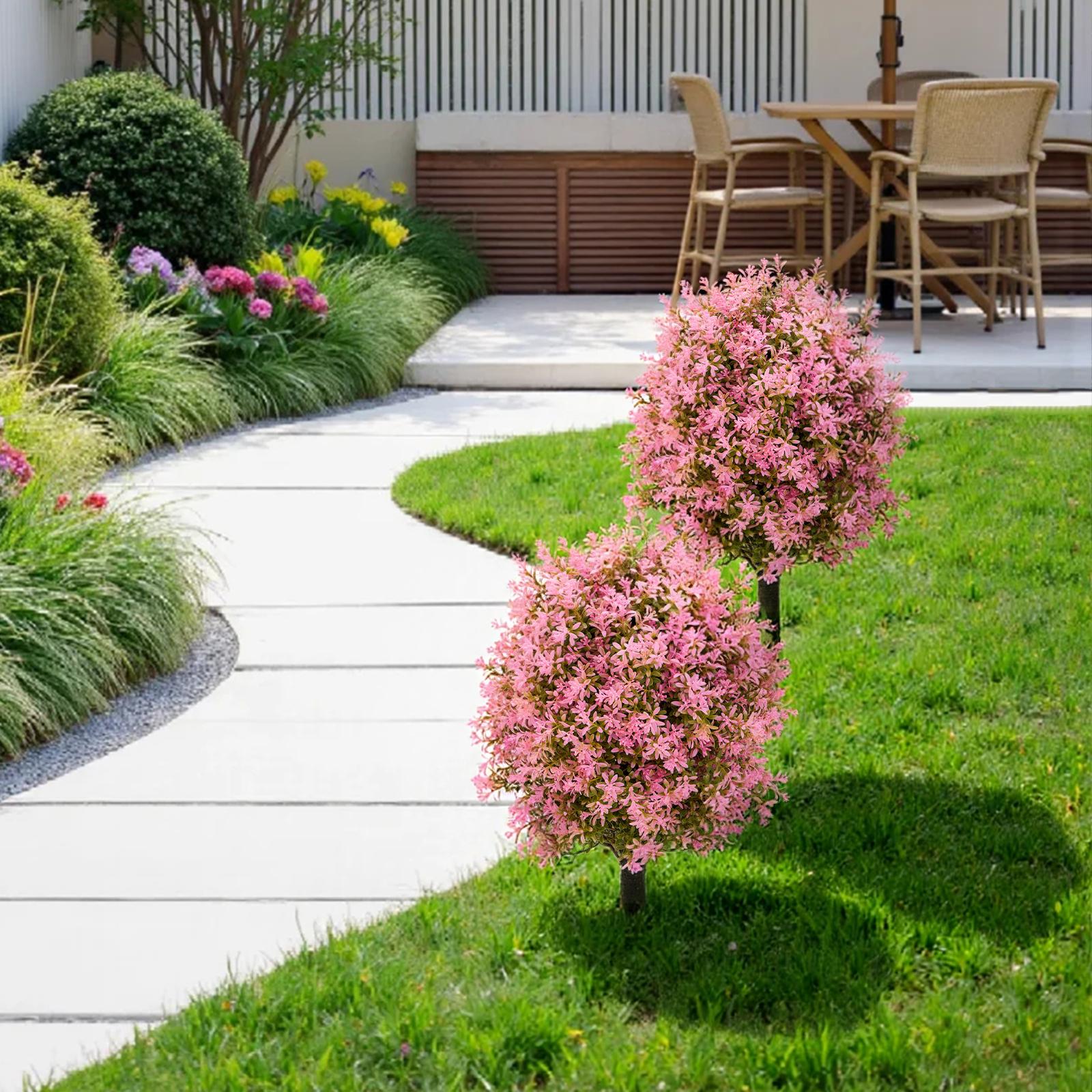 2 Pcs Realistic artificial outdoor tree for garden & balcony weather-resistant with earth tip, colorful decorative flower easy to care for long-lasting pink