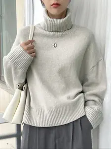 Women's Casual Commuter Solid Color Knit Sweater High Neck Turtleneck Warm Pullover Long Sleeve Jumper for Fall Winter Season Knitwear