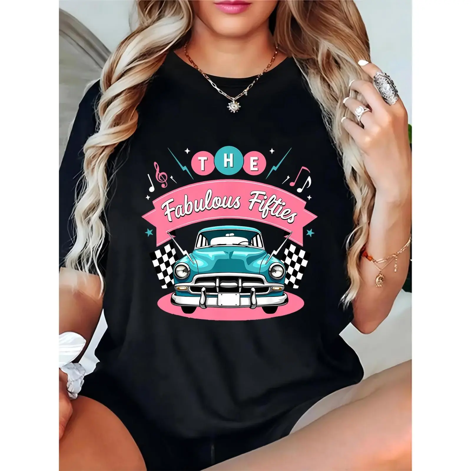 Women's Black Graphic T - Shirt | Retro 1950s Car, Music Notes, Checkered Flags | "The Fabulous Fifties" Design | Ideal for Vintage Parties, Concerts & Retro Enthusiasts 100% Cotton T-shirt