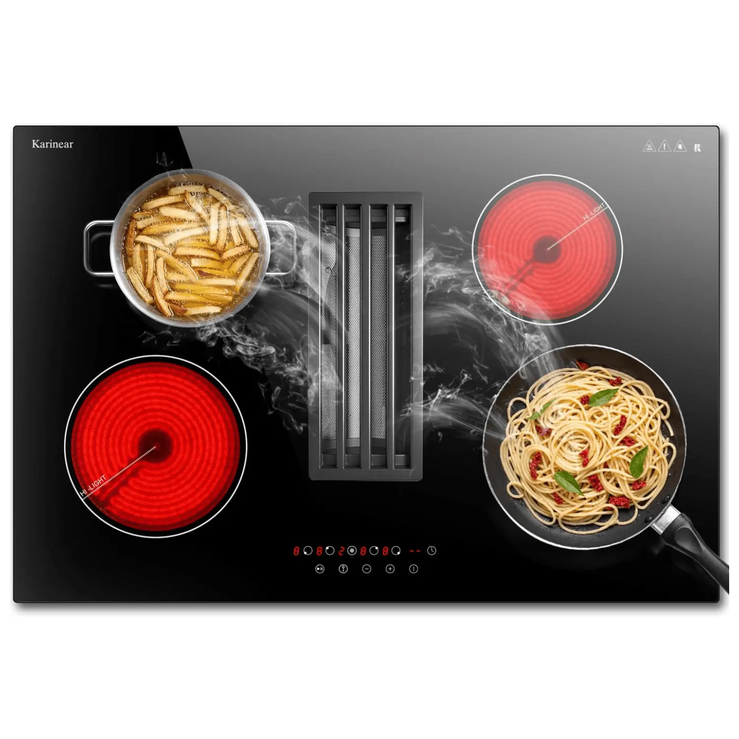 Karinear 30 Inch Downdraft Electric Cooktop, 4 Burner 6000W Electric Stove Top with Built-In Ventilation, No External Duct Smoke-Free Ceramic Cooktop, Child Lock,  for Kitchen Meal Prep tiktokshopbacktoschool