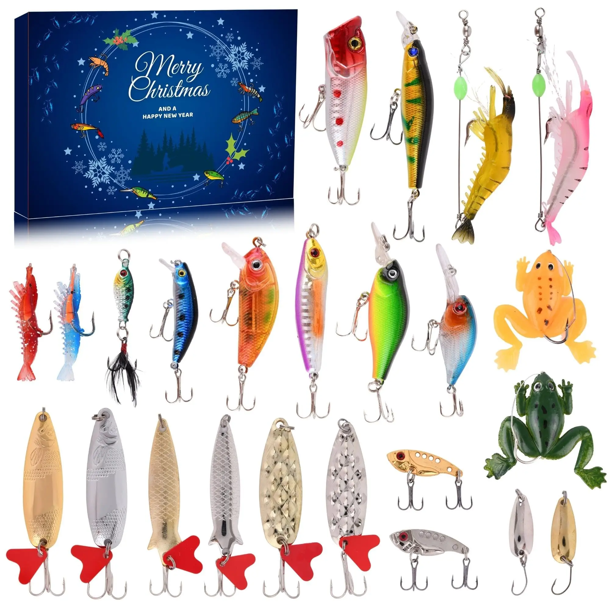 Fishing Advent Calendar 2026 for Anglers - 24 Day Countdown with Assorted Spoon Lures and Soft Baits, Realistic Patterns, Fishing Gear for Freshwater & Saltwater Bass & Trout, Fishing Gear Accessories