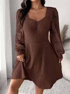 Frenchy Plus Size Sweetheart Neck Long Sleeve Ruched Ribbed Casual Dress – Elegant Bodycon Dress for Fall/Winter