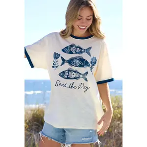 Natural Life Ringer Oversized Tee Shirt- Seas the Day Fish