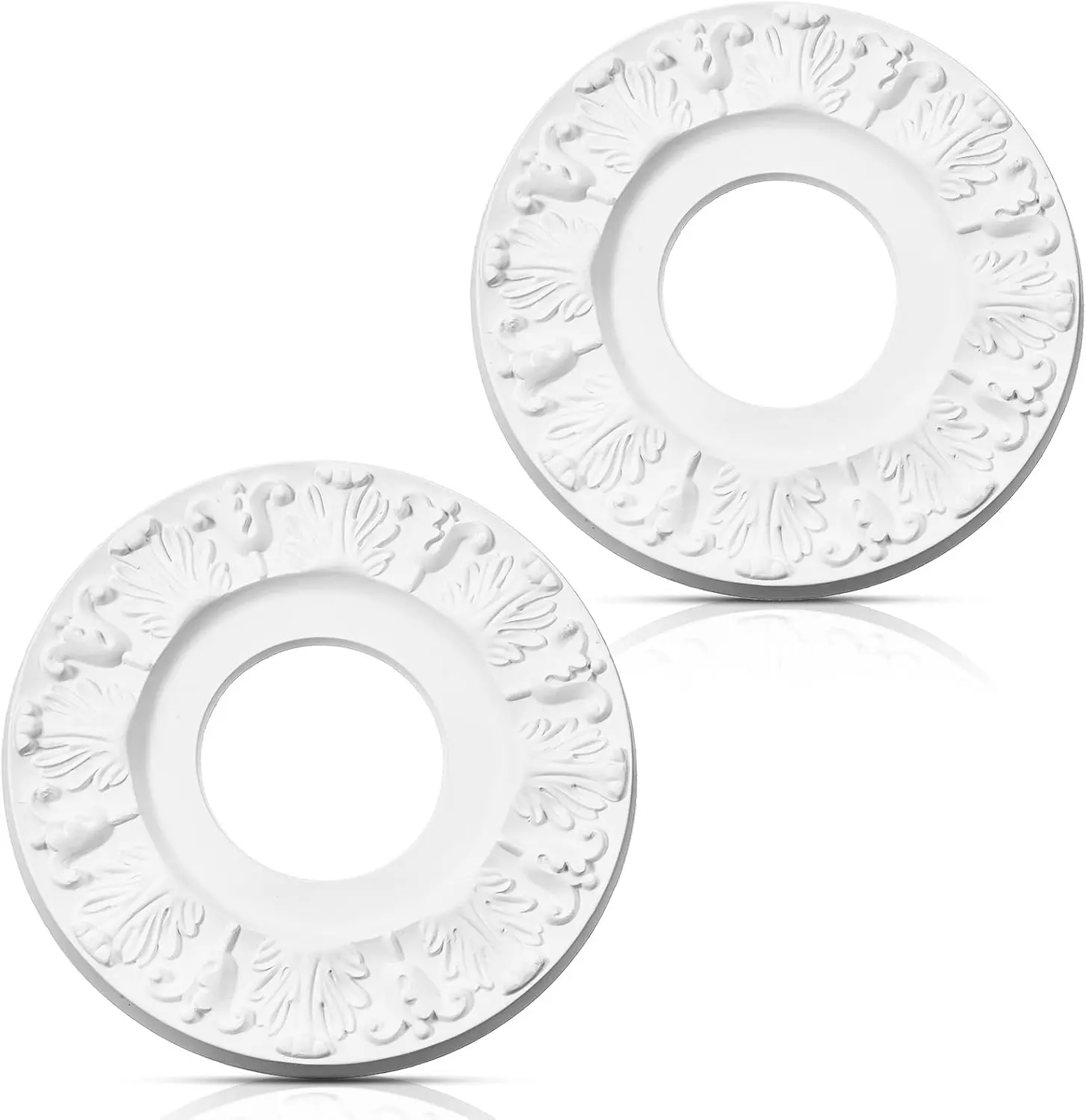 2-Pcs PU Ceiling Medallions, Vintage White Carved Flower Victorian Design, 10-Inch OD 3.5-Inch ID Adaptable Decor for Light Fixtures & Ceiling Fans, None