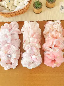 Sweet pink bow scrunchie, girly heart bun hair tie, small floral elastic hair band hair accessory.