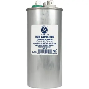 Appli Parts Dual Run Capacitor for ac 50+5 Mfd uF (microfarads) 370 or 450VAC CBB65 Round Universal fit for hvac and other applications 5-1/4 in High 2-1/8 in Wide CON-50/5-450 Replaces CAP-50/5-450