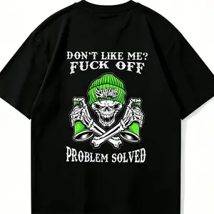Funny Don't Like Me F*ck Off Skull T-Shirt – Edgy Graffiti Skeleton Problem Solved Tee, Trendy Skater Heavyweight Cotton Oversized Casual Top for Men and Women