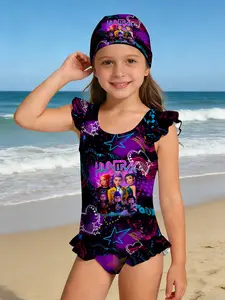Girls Kpop Cartoon Print One-Piece Swimsuit, Quick-Dry Breathable Baby Swimwear, Perfect for Beach Vacation and Holiday Gifts
