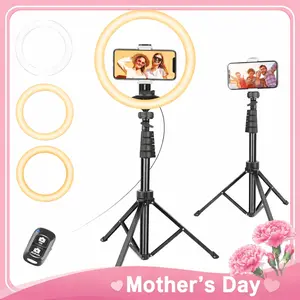 Mother's Day Gifts, 10" Ring Light with 63" Stand & 2 Phone Holders, USB-Powered & Selfie Bluetooth Remote, 360° Adjustable for YouTube TikTok Makeup Photography Live Streaming Podcast, Compatible with All Phones/Cameras