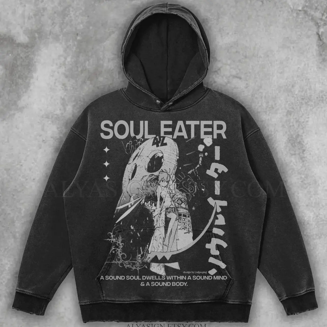 Soul Eater Vintage Washed Hoodie | Maka Albarn Graphic Pullover with Sound Soul Quote for Anime Streetwear Fans GQ0 R8T