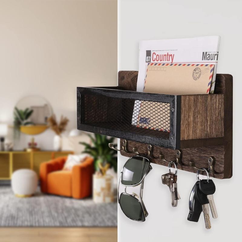 Mail and Key Holder for Wall Decorative, Wooden Wall Mount Key Rack Hanger Organizer with 4 Double Key Hooks, Rustic Home Decor for Entryway Hallway, Brown