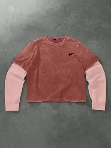 Unisex style, spring and autumn new collection, trendy patchwork faux-two-piece T-shirt. Perfect for streetwear, Y2K fashion, stylish, trendy, long sleeves. Ideal for campus, hip-hop, and everyday wear, Casual
