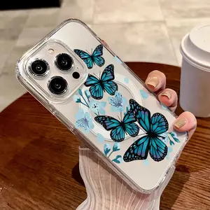 This light blue floral and butterfly case is drop-proof, non-slip, and supports MagSafe charging. It's compatible with iPhone 17, 16, 15, 14, 13, 12, 11, XS, X, and other Samsung models. It makes a great gift for friends or family.