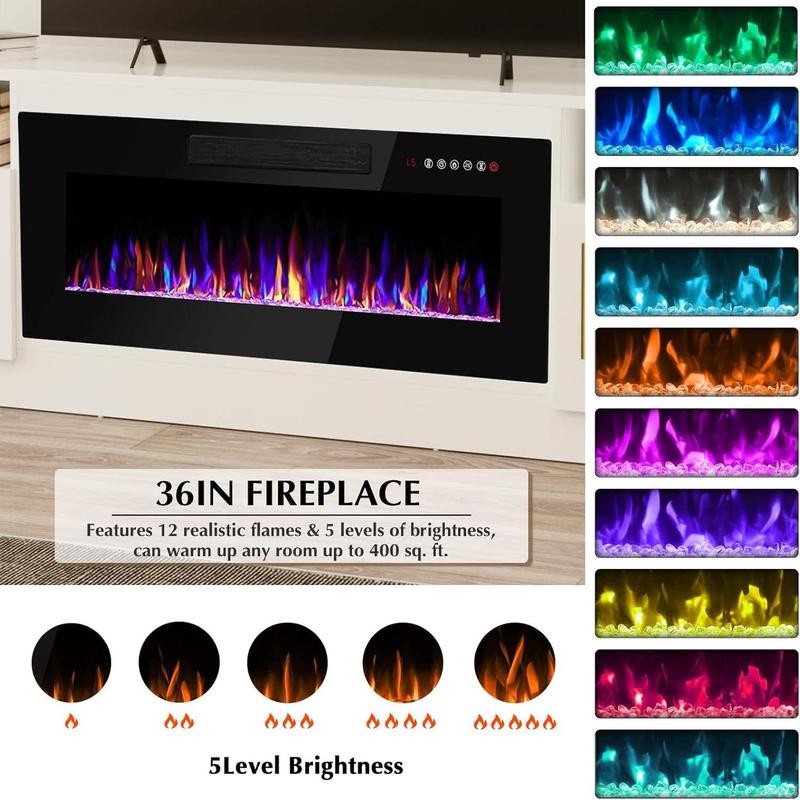 Fireplace tv Stand with 36 inch Fireplace Up to 80" TVs,LED Light Entertainment Center and Storage, 70" Modern Wood Media TV Console with Highlight Cabinet for Living Room (White)