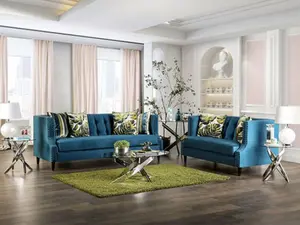 SM2219 2 pc Azuletti dark teal velvet like fabric sofa and love seat with nail head trim accents