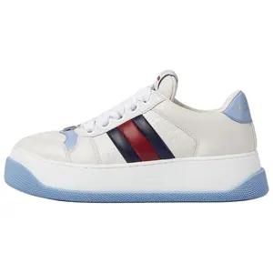 Gucci Screener Distressed Leather Platform Sneakers for Women with 4.2cm Heel in White and Blue Trending Shoes, House White Official Shoes to Get / Maison Mihara Verifiable, with credentials and supporting global authentication