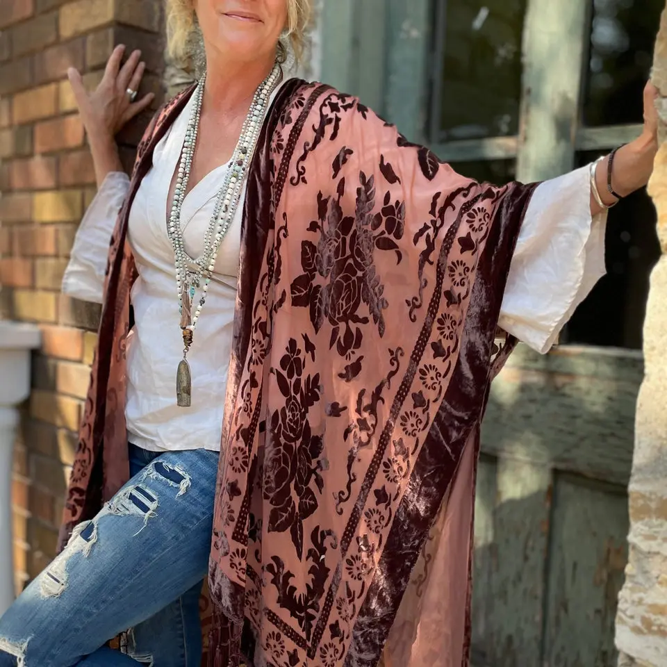 Burnout Rust Velvet Fringed Kimono Shawl.