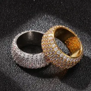 [ICE HUE] Unisex 18K Gold Vacuum Plated Copper 5-Row Artificial Zircon Ring - Miami Italy Mexico & Micro Inspired, Gold Zircon Luxury Costume Jewelry for Daily Wear, Casual Gift, Artificial Zircon Rings