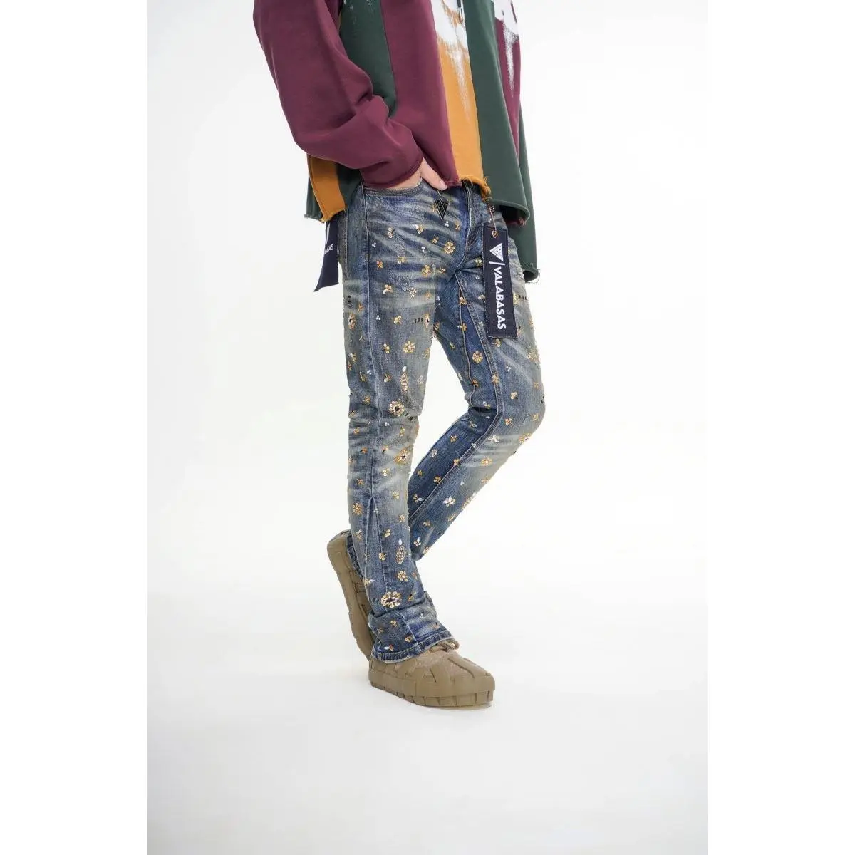 Men's Dark Vintage Blue Stretch Denim Stacked Flare Pants - Mid Rise, Slim-Fitting, Slim Thighs, Stud Accents, Multi-Shape Gems, Rhinestones, Spot Clean, Menswear Bottoms, Stacked Jeans, Vintage Fits