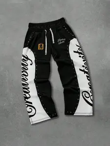Men's Black White Rhinestone Joggers, Y2K Streetwear Printed Casual Straight Leg Pants