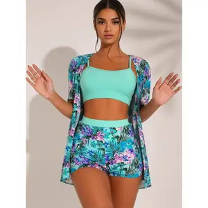 Women's 3-Piece Floral Rashguard Swimsuit Set - Emerald Green Bikini with Cover Up, Swimsuit Plus Sizes - Sports & Outdoor Beach Vacation Outfit