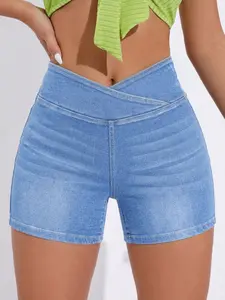 Plus Size Cross-Waist Denim Shorts Casual High-Waisted Slim Fit Shorts, Soft Comfortable Fabric, Y2K Clothes Summer Daily Wear, Trendy Stylish Bottoms, Comfortable Flexible Fit Casual Ensembles, Stylish Washed Detail Party Casual Wear