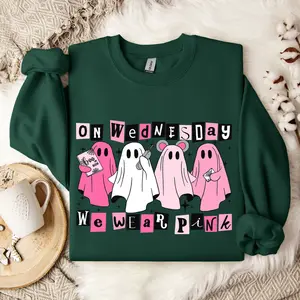 Mean Girls Ghost Sweatshirt On Wednesdays We Wear Pink Boo Book Halloween Sweater Unisex Fit Polyester Spandex Ribbed Collar Cuffs & Waistband Tops