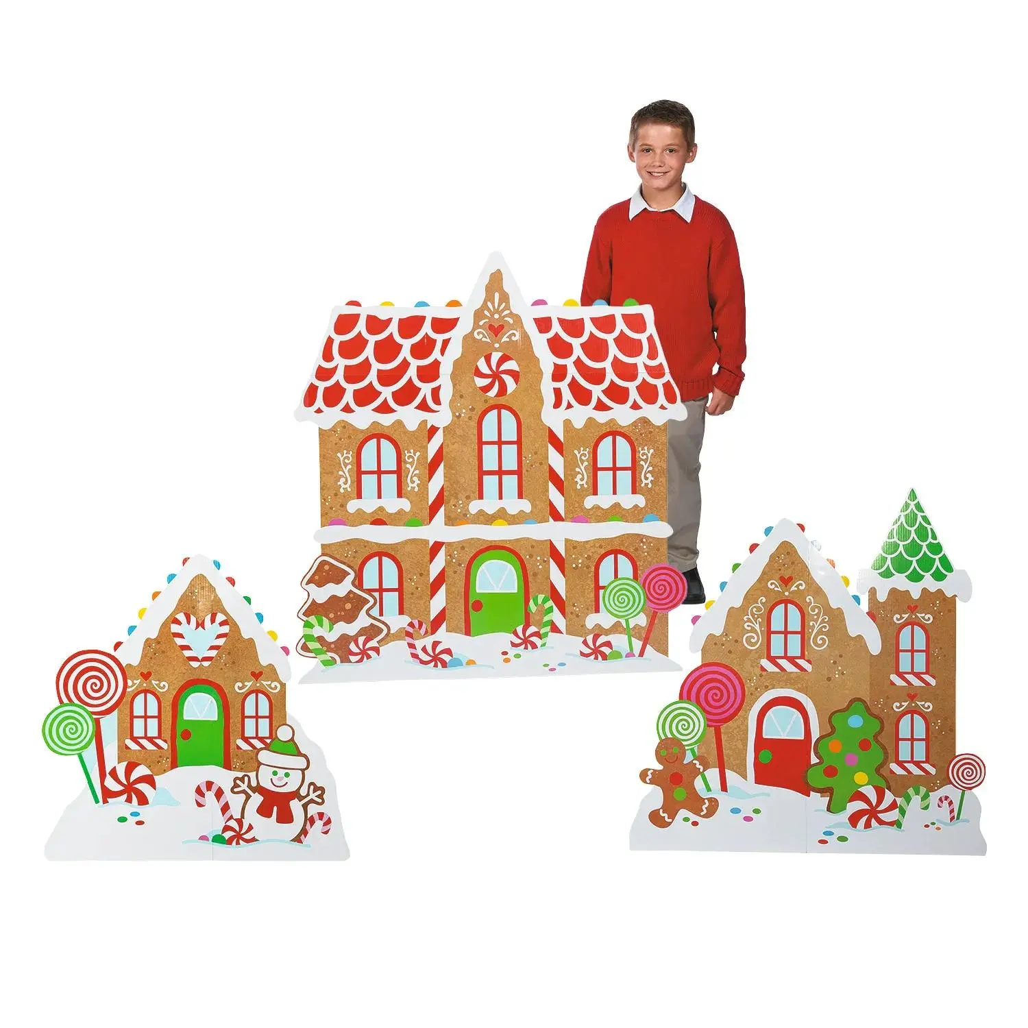 Magical Multicolor Whimsical Gingerbread House Cardboard Cutout Stand-Ups - 3-Pc Festive Party Decor Set, 1-Side Back Cutout Design, 36"-40"x32"-45" Height for Holiday Photo Backdrops (None Assembly Required)