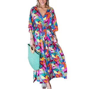 Multicolour Abstract Print High Waist V Neck Maxi Dress Casual Womenswear Comfortable Elegant Feminine Flowy