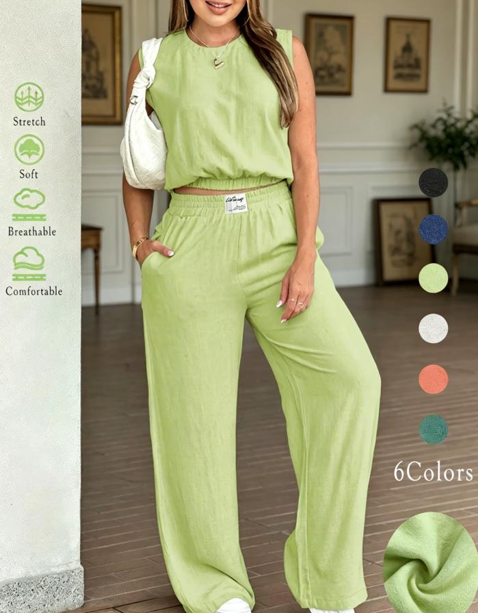 Women's 2-Piece Solid Color Tank Top & Wide Leg Pants Set, Womenswear Matching Casual Fashion Breathable Elastic Outfit for Daily Outdoor Wear, Ladies Clothes for Summer