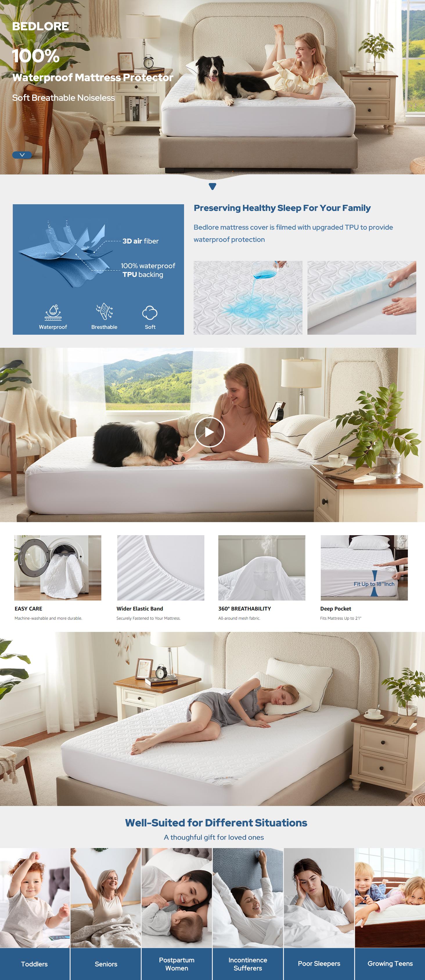 SpringGlowUp【BEDLORE】Mattress Toppers Compatible Cooling Fitted Sheet | Big Copper Texture Waterproof Deep Pockets | Anti-Slip Mattress Cover for All Ages suitable for school dormitory trip and Hotel Dirt resistance and wear resistance mattress case