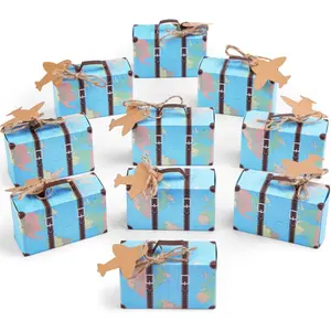 50 Piece Mini Suitcase Gift Box Party Favor Candy Box, Mini World Map Suitcase for Birthday Party/Wedding/Travel Themed Parties/Bride Shower Decoration, with Labels and Burlap Cloth