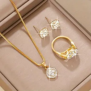 Women's 4-Piece Fashion Set, Square Necklace/Earrings/Ring, Bohemian Minimalist Style, Glass Inlay, Alloy Base, Perfect for Daily Wear/Vacation, Ideal for Teacher's Day, Back-to-School, Graduation Season