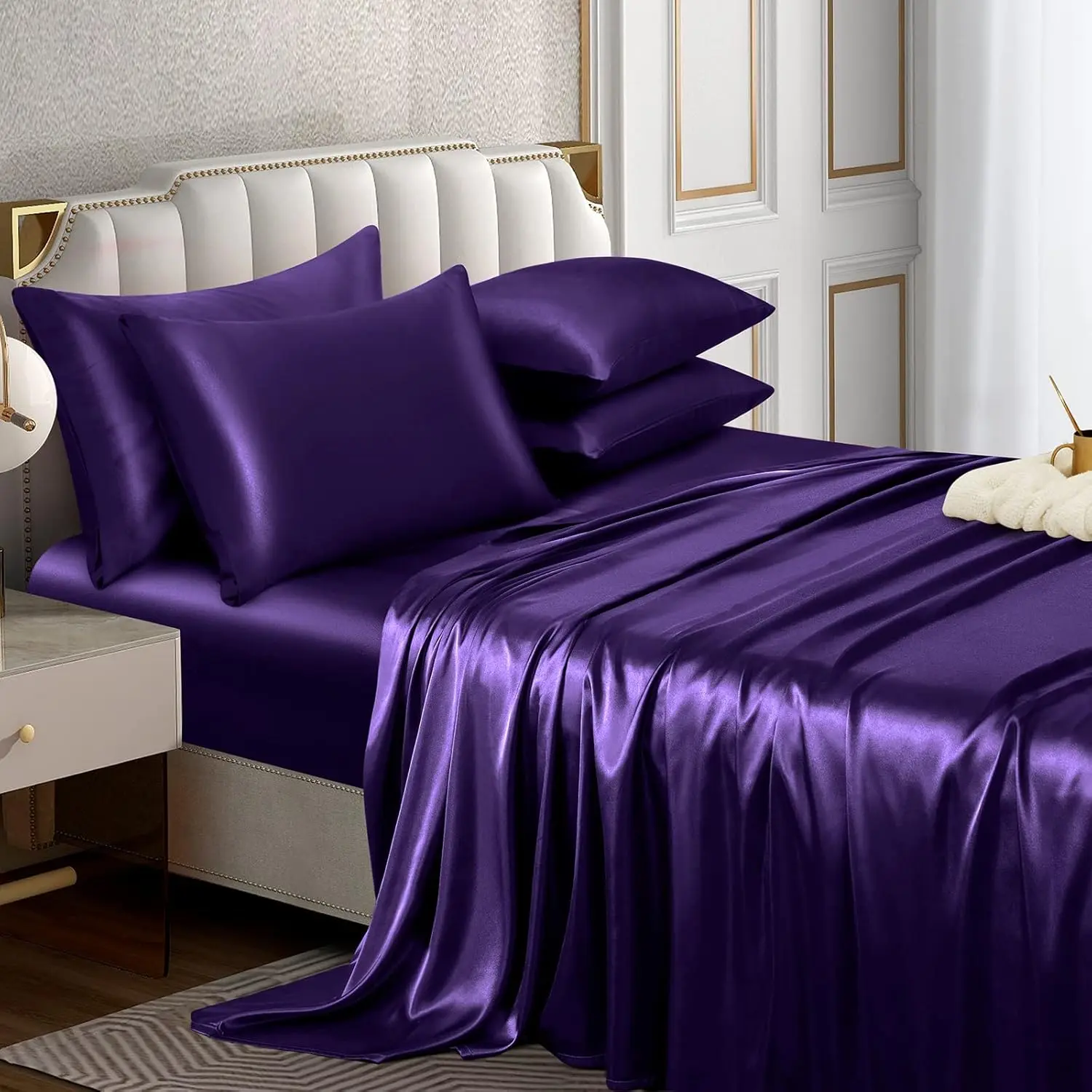 6 count Satin Sheet Set Full Size Luxury Silky & Soft Purple Satin Full Bed Sheet Set with 16" Deep Pocket, 1 Fitted Sheet, 1 Flat Sheet, 4 Pillowcases
