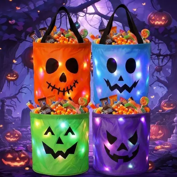 3-Pack LED Halloween Pumpkin Candy Bucket Set, Reusable Non-Woven Trick-or-Treat Bags for Kids, Party Favor Gifts, Home Garden Night Light Decor