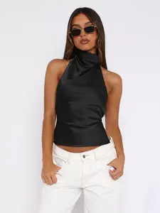 Satin Backless Top, Elegant Minimalist Women's Sleeveless Halter Blouse, Perfect for Evening Wear or Parties, Fashionable Summer Attire