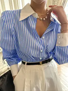 Women's Striped Print Button Front Blouse Shirt with Shoulder Pads, Elegant Chic Casual Fitted Long Sleeve Puff Sleeve Collared Top for Daily Wear, Ladies Clothes for All Seasons