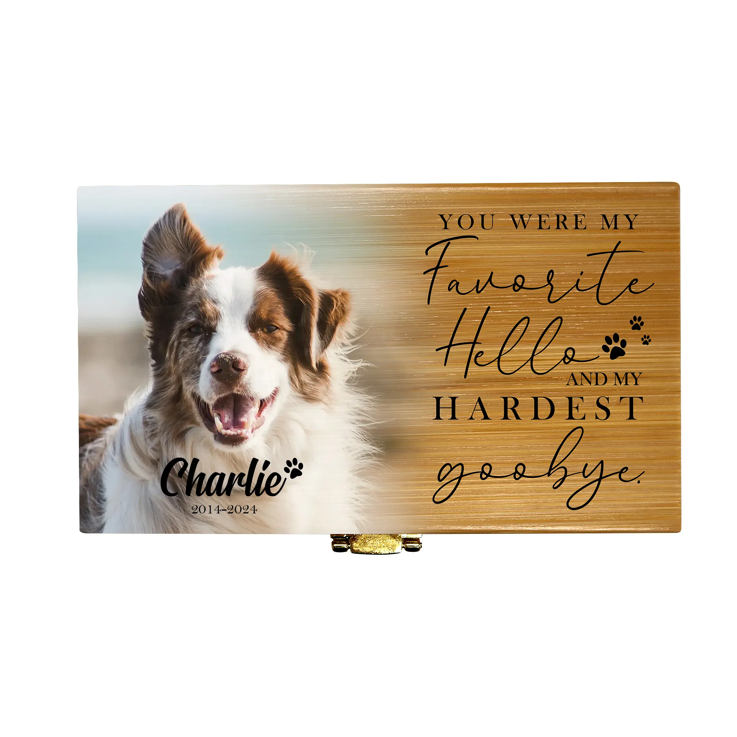Personalized Bamboo Wood Pet Cremation Urn for Dogs & Cats - Photo Printed, Digitally Printed Natural Wood Memorial Gift for Pet Loss | "You Were My Favorite Hello", 0.69 Lb, 22 Cu.in. Of Ashes