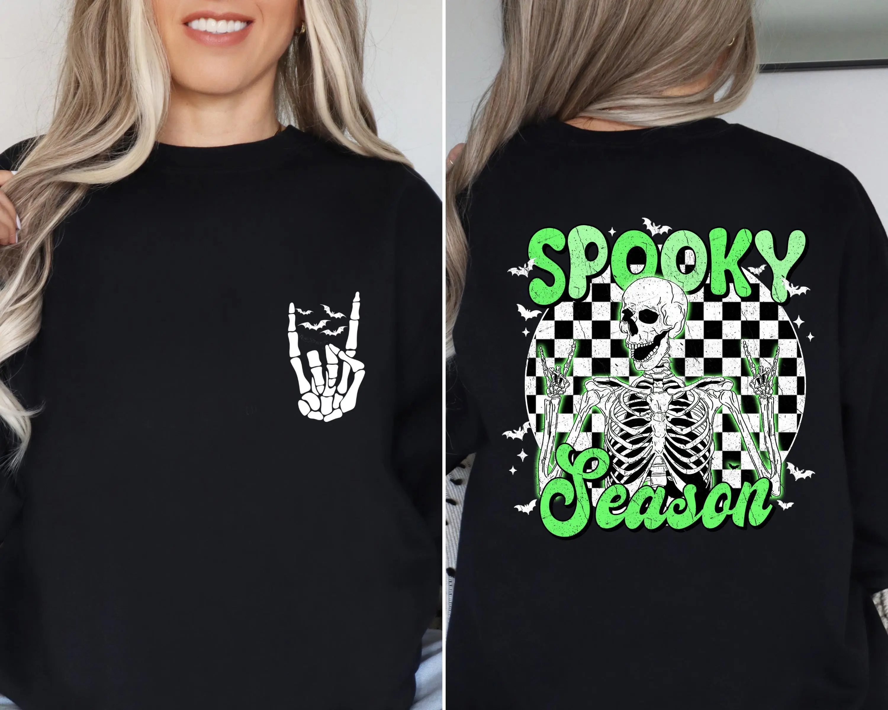 Spooky Season Neon Halloween Sweatshirt, Halloween Skeleton Sweater, Funny Halloween Hoodie, Retro Halloween Skeleton, Checkered Halloween Rose G.