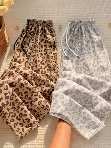2 Pcs American Retro Leopard Print Adjustable Drawstring Slimming Wide Leg Women Pants, Casual Straight-Leg Trousers for All Seasons, Daily Commute & Outdoor Wear