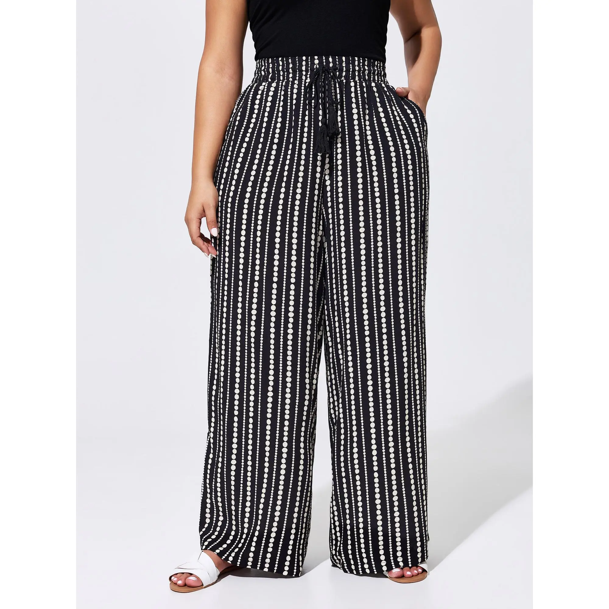 BloomChic Women's Plus Size Summer Boho Pants, Loose Fit Geometric Rayon Trousers with Drawstring Waist and Pockets, Lady, Fabric, Wide-Leg Pants, Casual, Adjustable Drawcord, Baggy, Garment, Plus Size Clothes