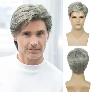 Men's Wig Grayish-White Side-Parted Short Straight Hair Elastic Mesh Synthetic Fiber Hairpiece for Middle-Aged & Elderly Men One Size Fits All