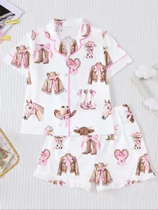 Pink Western Cowboy-themed Children's Sleepwear 2-Piece Set, Seasonal New Flame-Retardant Flared Collar Open-Shirt Short Sleeve Top with Elastic Waist Loose Shorts Casual Set for Soft Skin-Friendly Home and Outdoor Wear. The sleepwear features cowboy hats