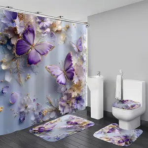 4 Pcs Purple Floral Shower Set with Non-Slip Rugs, Lid Cover and Bath Mat, Elegant Set with